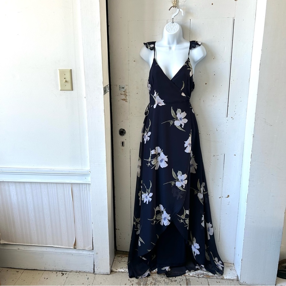 Lulu"s All Mine Navy Blue Sheer Chiffon Floral Print Maxi Wrap Dress